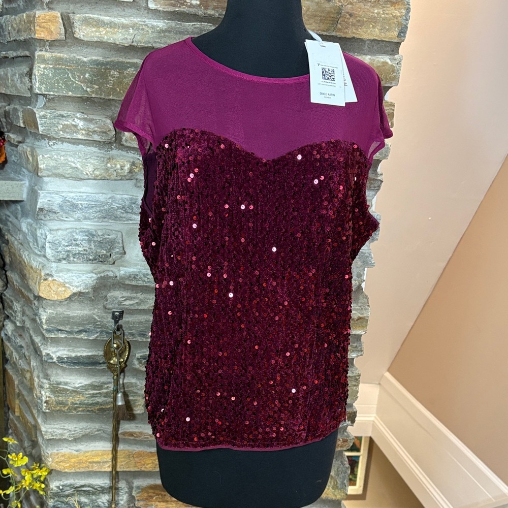 Grace Karin Wine Sequin Blouse